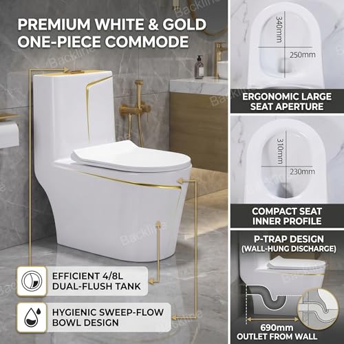 Image of Backline P Trap Commode for Toilet | One Piece Ceramic Commode With 10L In-Built Tank | Wash-Down Flushing With Soft Closing Toilet Seat - P Trap Water Closet (White Gold) (7 Years Color Warranty)