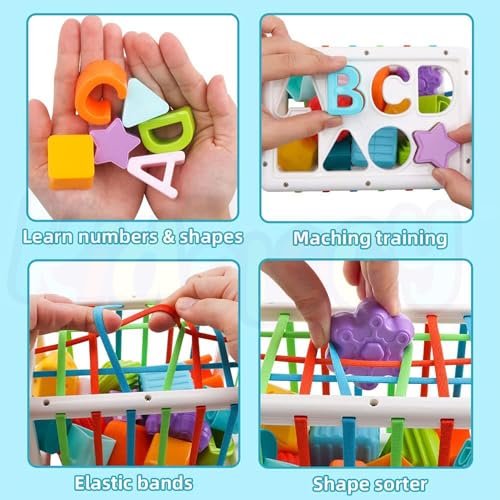 Image of Kidology Baby Shape Sorting Toy | Colorful Blocks, Cubes, Alphabet Letters | Elastic Bands | Fine Motor Skill Development | Early Learning Preschool Educational Toy