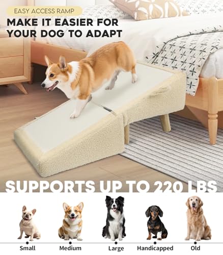 Dog Stairs for Small Dogs and Cats – 2-in-1 Dog Ramp for Bed and Couch, 16.5'' Foldable Wooden Pet Steps, Sturdy Multi-Use Split Ottoman Design, Beige - Image 5