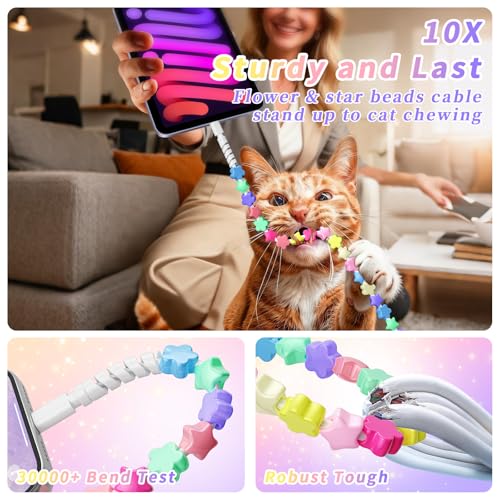 Image of HianDier USB C Cable USB to USB C Charging Cable 3.3FT Cute Flower Star Bead Fast Charger Cord for Girls Women Compatible with iPhone 16 15 Pro Max for Galaxy S25 S24-Candy Colored