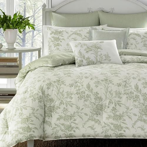 Laura Ashley - Queen Size Bonus Comforter Set, Reversible Cotton Bedding, Includes Matching Shams with Bonus Euro Shams & Throw Pillows (Natalie Green)