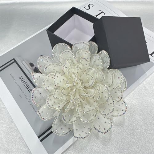 Image of Rhinestone Camellia Flower Big Brooch Lapel Pins for Women Fashion Crystal Fabric Floral Brooches Pin for Dresses Suit Accessories Jewelry Boutonniere Corsage Wedding Party 140mm