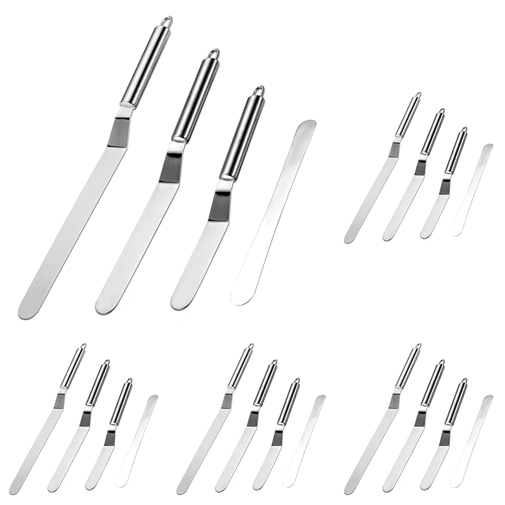 Vinabo Küchenspachtel-Set, 4 Stück, abgewinkelt, Spachtel aus Edelstahl, Spachtel für Kuchen, Kuchen, Cupcakes und Essstäbchen, Dekorieren von Kuchen und Glasur (Packung mit 5)