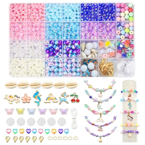 Liangding 600+ pcs Perles pour Bracelet, Perles Enfant Kit Fabrication Bijoux avec Pendentif Licorne et Sirène, Coffret Perles Jouet Fille de 5 à 12 Ans...