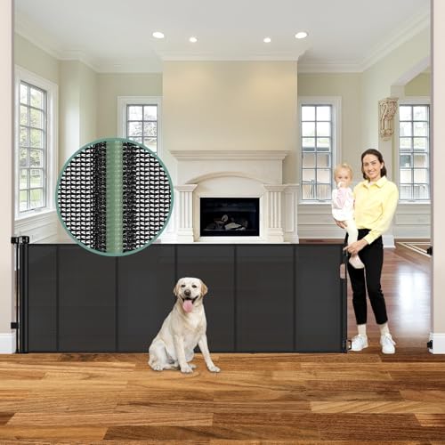 Image of Reinforced 120 Inch Retractable Baby Gates Extra Wide Baby Gate to Prevent Crawling Through, Indoor/Outdoor Retractable Dog Gate, 10ft Scratch-resistant Mesh Child Gates for Doorways Extra Wide, Black