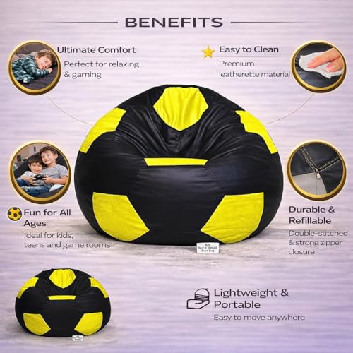Image of RnS Rest 'n' Sleep - Bean Bag Football Chair Filled with Beans for Living Room, Bed Room for Relaxing, with 1 Year Warranty (Yellow /Black, XXXL)