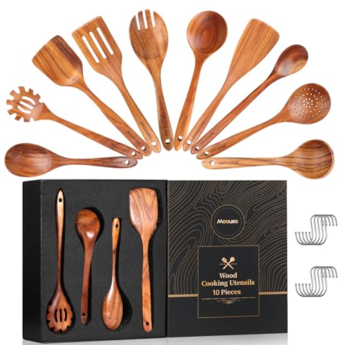 Wooden Spoons for Cooking, 10 PCS Teak Wood Cookware Utensil Set with Hooks - Smooth Finish, Non-Stick, Comfortable Grip, Heat Resistant Kitchen Utensils Gift Box