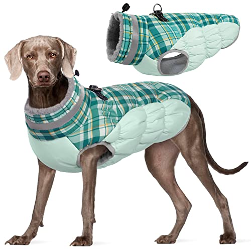 FUAMEY Dog Coat for Large Dogs,Waterproof Dog Winter Jacket with Harness Built in Puppy Cold Weather Coats Reflective Pet Vest with Zipper Warm Fleece Dogs Snowsuit Windproof Green Plaid XXX