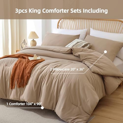 Image of ROSGONIA King Size Comforter Set Taupe Brown, 3pcs(1 Boho Tan Comforter & 2 Pillowcases) All Season Bedding Lightweight Bedspread Blanket Quilts