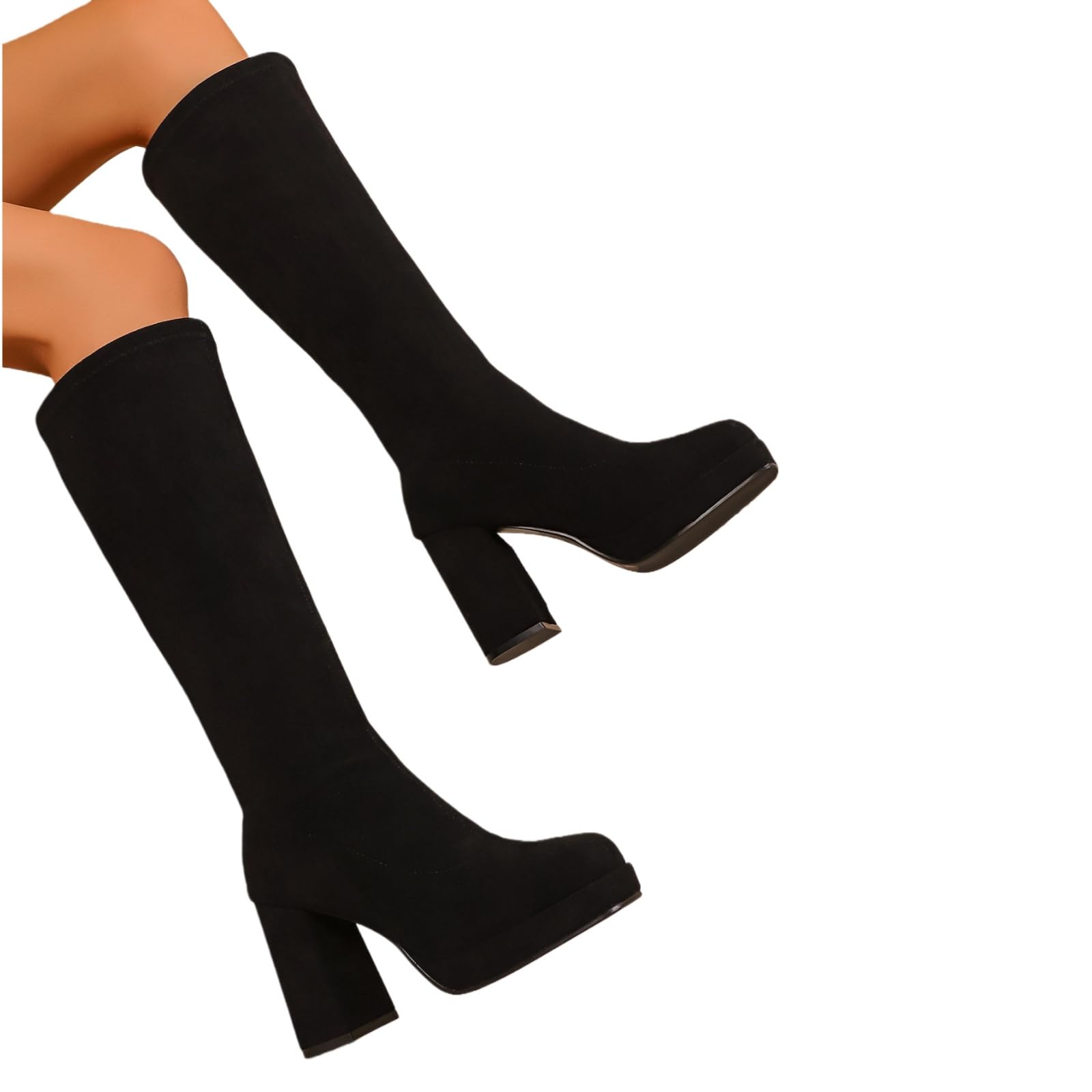 Damen Kniehohe Stiefel Mit Blockabsatz Square Toe Langschaft Boots Vintage Wildleder Reitstiefel Winter Große Größe Schlupfschuhe Plateau High Heels Für Büro, Party