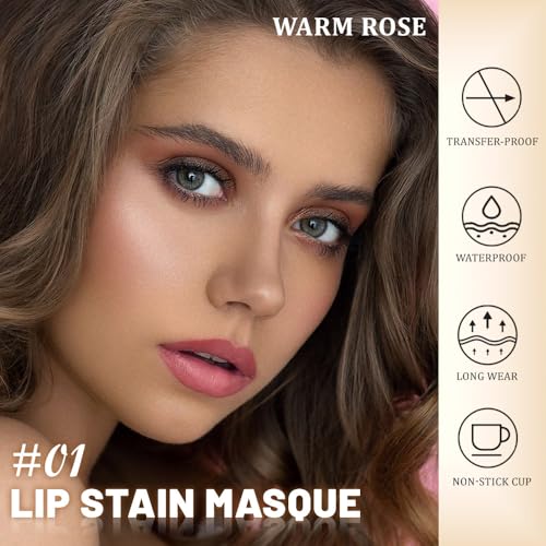 Image of evpct Warm Rose Peel Off Lip Stain Tints with Tweezer, Matte Lipstick Lip Stain Gloss Long Lasting Waterproof for Women, Non-stick Cup Lipstick Peel Off High Pigmented 24 Hrs Original Lips Stains, 01