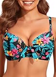 Women Black Floral Underwire Bikini Swim Top - Push Up Knot Front Swimsuit Top 2025 Bathing Suit Bra L