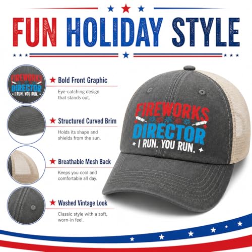 Image of 4th of July 250th Anniversary Dad Hats - Just Here for the Fireworks, Fireworks Director - Patriotic Baseball Cap