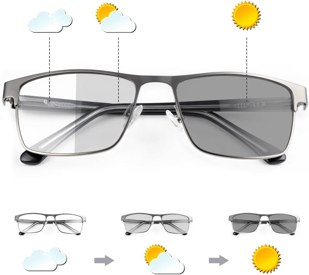 YIMI Spring Hinge Photochromic Gray Sunglasses Blue Light Blocking Glasses for Men Women Day Night Gaming TV Phones Computer Eyeglasses UV400 Protection Anti Glare Lightweight Metal Full Frame Eyewear