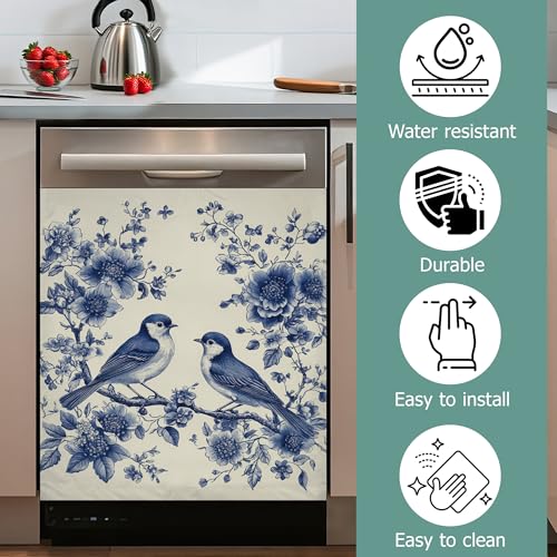 Image of Blue Birds Refrigerator Magnet Cover,Retro Flowers Washable Dishwasher Magnets Decorative Cover,Home Kitchen Decorative Dishwasher Front Panel Cover 23x26 Inch