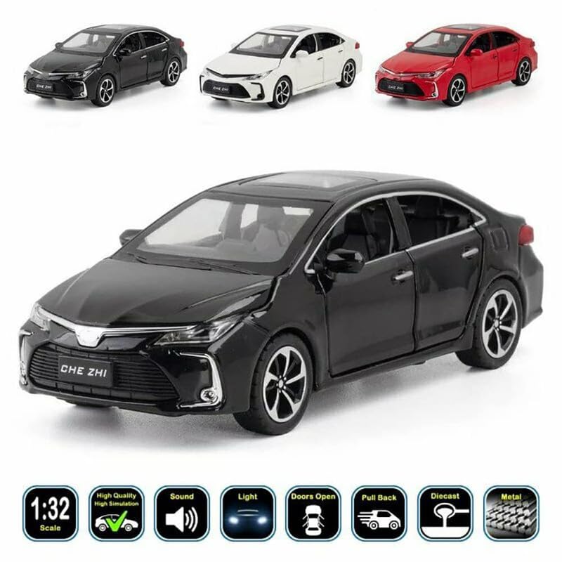 Image of Kids Model 1:32 Corolla Die Cast Metal Car Pull Back Action Opening Doors with Realistic Engine Sound Lights Toy Car Gift for Boys - Black