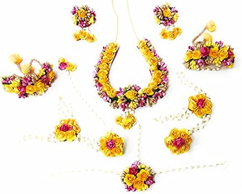 TONGARI Juego de collar de flores con Maang Tika, pendientes y pulsera para mujeres y niñas, amarillo y rosa, Tela, nácar