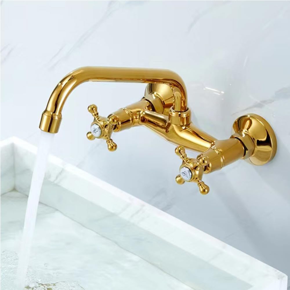 Grifo de pared para cocina (latón) | Grifo mezclador de doble mango, color dorado
