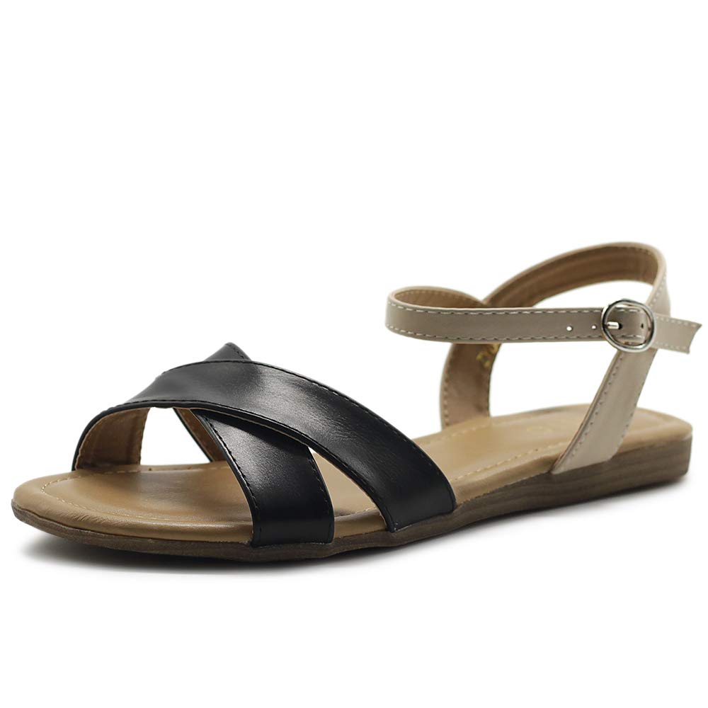 Ollio Women's Shoes Two Tone Cross Straps Ankle Buckled Flat Sandals S102