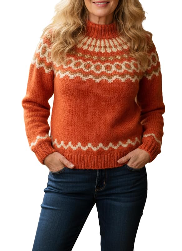 Womens Fair Isle Sweater Knitted Casual Loose Turtleneck Cozy Sweater Fall Winter Long Sleeve Pullover Tops