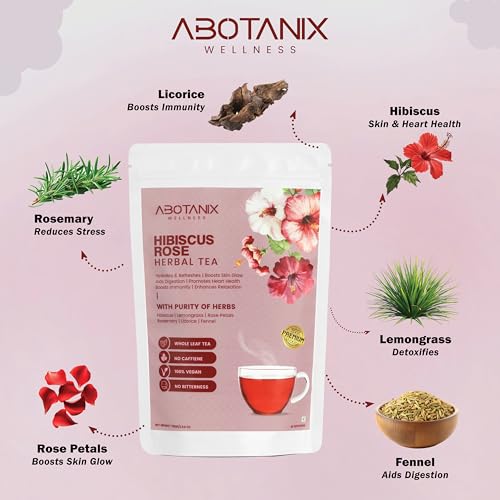 Image of ABOTANIX HIBISCUS ROSE Herbal Tea 75g ( 40 Cups ), Premium Tea with Hibiscus, Lemongrass, Rose Petals, Rosemary, Fennel, Helps in Skin Glow, Promotes Heart Health, Stress Relief & Caffeine Free, No Sugar