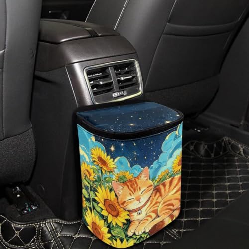 Image of Talayituse Cat Sunflower Cloud Print Car Trash Can with Lid, Leak Proof Auto Trash Bag Hanging Vehicle Garbage Can Multipurpose Storage Container for Back Seat Road Trip