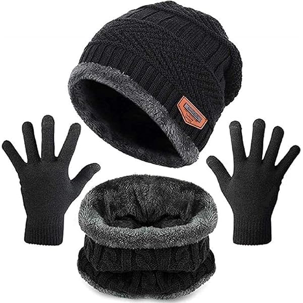 Winter Knit Beanie Set with Neck Warmer and Gloves, Black Woolen Cap with Plush Fleece Lining, Thermal Winter Wear for Men and Women