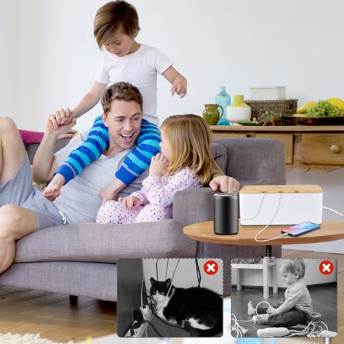 QOUBNIC Kabelmanagementbox, Kabelmanagement Box Aufbewahrungsbox für Kabel mit Bambusdeckel, Kabelaufbewahrungsbox zum Verstecken von Kabeln Organisieren von Computerverkabelung und Losen Kabeln