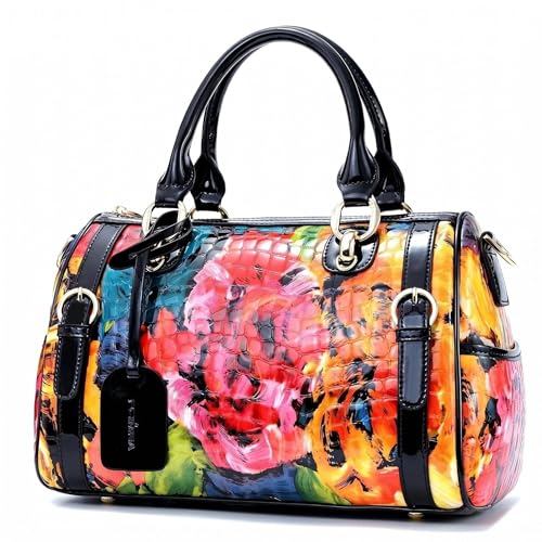 Genuine Leather Bags Flower Purses Floral Bag Tote Handbags for Women Cross Body Hobo Satchel Designer Medium Bag(Doodle)