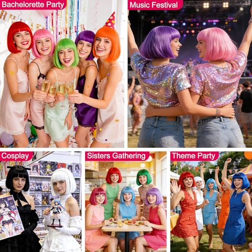 Image of MEEZY 2 Pcs Colored Bob Wigs with Bangs Black Hot Pink for Women Colorful Neon Fun Wig Short Bob Hair with Heart Sunglasses Hair Cap for Halloween Costume Cosplay Birthday Bachelorette Party Supplies