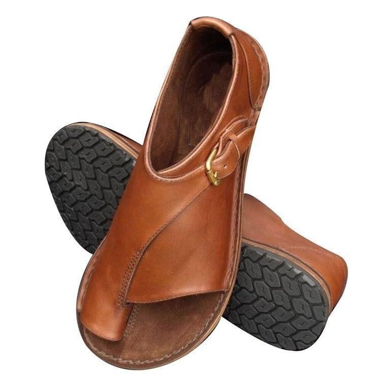 Vnook Women's Orthopedic Sandals - Open Toe Leather Flat Sole Casual Corrector Slingback Beach Sandals (Brown, 8 UK)