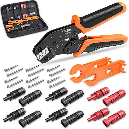 PEBA Solar Crimpzange Set für 2.5/4.0/6.0mm² Solarpanel PV Kabel, mit 12 Stk Male/Female Solarpanel Kabelstecker Adapter+2 Stk Solar Steckverbinder Schraubenschlüssel für Solarpanel Kabel Anschluss Cover