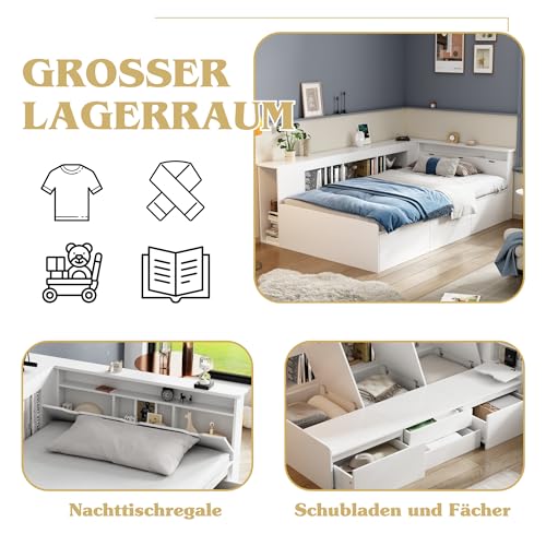 Aoskem Einzelbett Kinderbett Bett 90x200 Bett mit Stauraum Schubladen & Stauschrank & Bücherregal, Holzbett Stauraumbett Bettgestell Bettkasten, Flachbett Jugendbett Funktionsbett, Ohne Matratze, Weiß