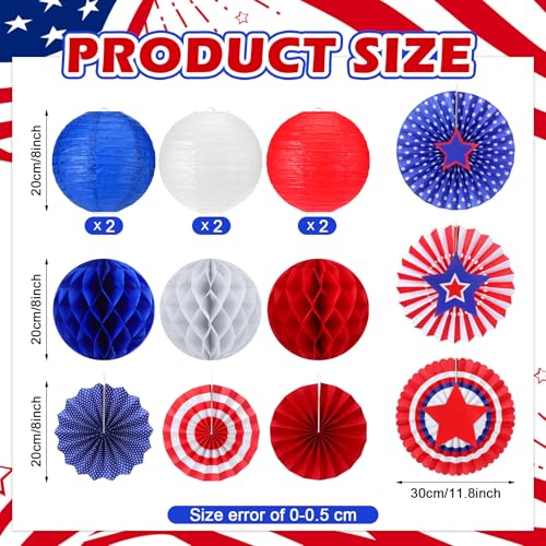 Image of Retisee 18 Pcs 4th of July Party Decorations Patriotic Independence Day Hanging Decorations Paper Lanterns Red White Blue 250th Anniversary Fan Honeycomb for Memorial Day Veterans Party Ornament