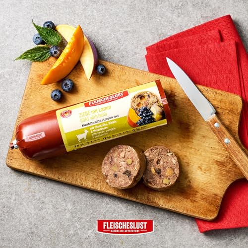 Fleischeslust Hundewurst | Ziege & Lamm mit Steckrübe, Kürbis & Heidelbeere | Futterbox (6x800g) | Nassfutter | schnittfest | getreidefrei | Alleinfuttermittel für ausgewachsene Hunde