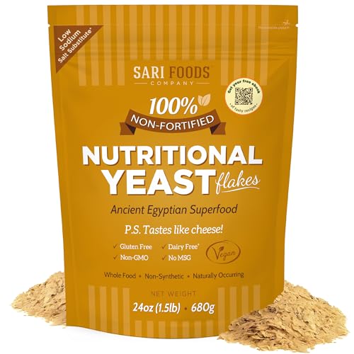 Sari Foods Nutritional Yeast Flakes 24 oz, Non Fortified Nutritional Yeast Seasoning Superfood, Protein, Gluten Free &amp; Dairy Free Vegan Cheese Parmesan Substitute, Vitamins B, Beta-glucans &amp; 18 Amino Acids