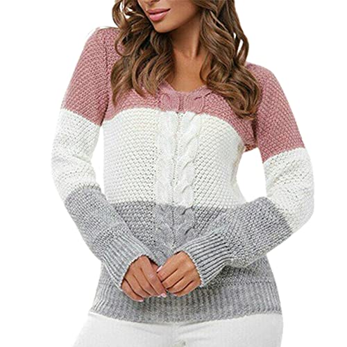Hislaves Suéter feminino moderno, gola em V, blusa de malha de manga comprida pulôver cor bloco de t