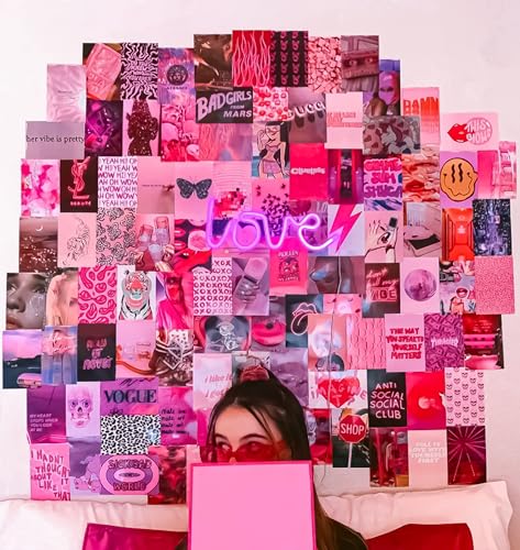 Image of Paper9store Pack Of 50 Aesthetic Wall Collage Kit - 4?6 Inches Self Adhesive Wall Posters For Bedroom, Living Room, Office A6 Size (Pink girly)