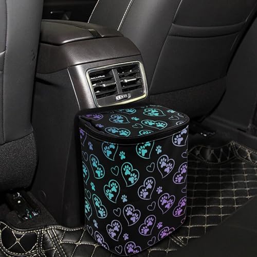 Image of Yewattles Car Trash Can with Colorful Dog Paw Heart Car Waste Basket with Lid for Disposable Garbage Bag Multipurpose Collapsible Car Organizer Container