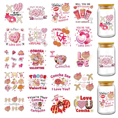 Valentine's Day UV DTF Stickers - 20 Sheets Tacos are My Valentine Funny UV DTF Cup Wraps for 16 oz Glass Water Bottle, Pink Heart Candy Ice Cream Transfer Decals DIY Tumbler Coffee Mug Gift for Women