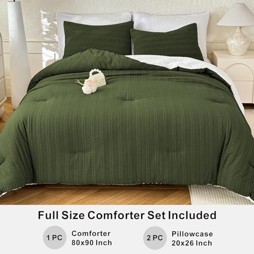 Image of tohrisa Boho Comforter Set Full Size Striped Pleats Bohemian Seersucker Bedding Set All Season Soft Cozy 3 Pieces Quilt with 2 Pillowcases(80 inchX90 inch Dark Green)