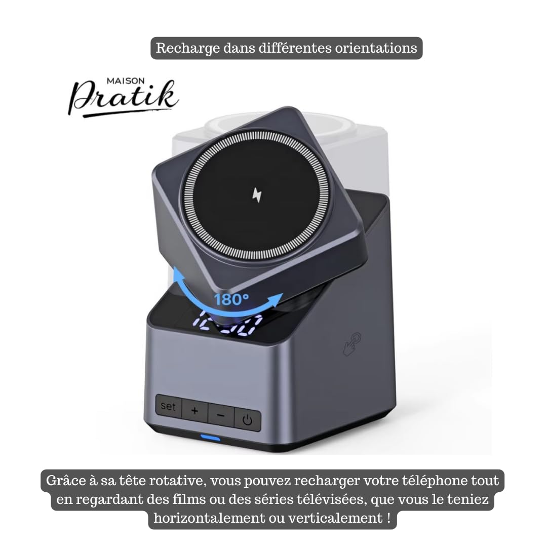 Chargeur sans Fil à Induction, Compatible avec iPhone, Samsung, AirPods, Applewatch, Charge de 4 en 1, Charge magnétique, Horloge intégrée, Compatible avec Iphone 17 16 15 14 13 12 Pro, Pro Max/Plus