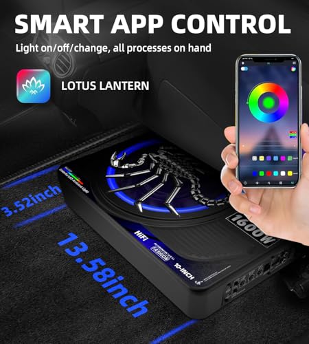 Image of 1600W 10 Inch Underseat Car Subwoofer and Amp Package, Slim Powered Under Seat Sub with Built-in Amplifier, RGB Music Light, Low Pass Filter, Bass Boost for Truck SUV