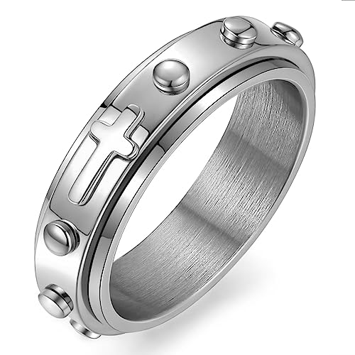 Adreamz 6mm Spinner Rosary Beads Cross Ring for Anxiety Relief Fidget Ring with Anti-worry Wedding Bands for Men Women