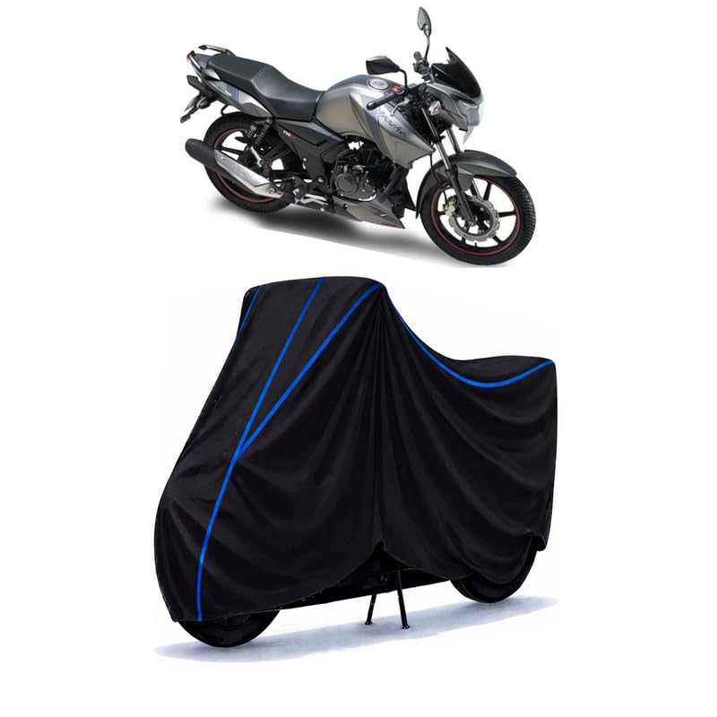 Image of TVS Apache RTR 125 V4 Bike Cover Water Resistant Universal Motorcycle Rain | Heavy Duty UV Protection, Dust, Scratch Indoor Outdoor All Weather with Black Blue Piping Elastic