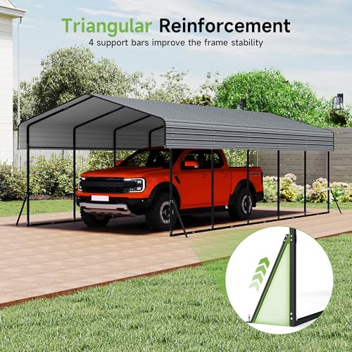 Image of Real Relax 13' x 26' Metal Carport, Heavy Duty Carport with Galvanized Steel Roof with Metal Frame, Extra Long Outdoor Garage Car Shelter Shade for SUV Trucks and Boats, Gray
