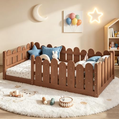 Image of Bellemave Twin Size Kids Montessori Floor Bed,Floor Bed Frame with Rounded Safety Guardrail,Solid Wood Montessori Bed for Girls Boys,Brown