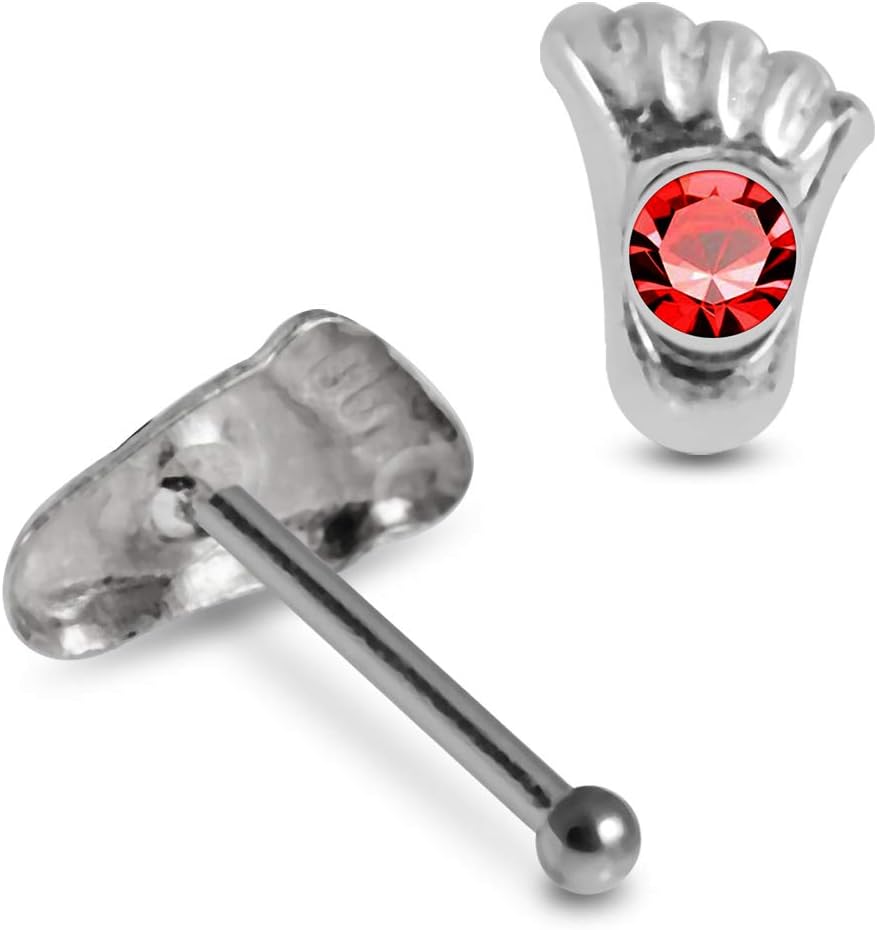 Crystal Stone Foot Design 22 Gauge 925 Sterling Silver Ball End Nose Pin - Nose Stud - Tiny Nose Ring - Nose Piercing Body Jewelry
