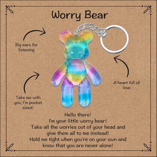 Pocket Bear Hug Keychain, Anxiety Relief Gift for Her Him, Mental Health Positivity Gift for Anxious Friend, Comforting Gifts for Son Daughter Back to School, Rainbow Blue