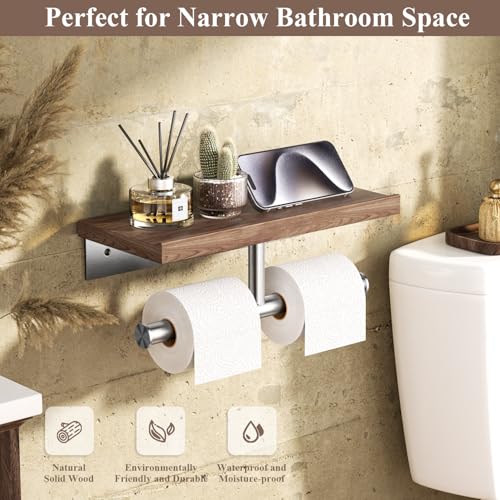 Image of Tindbea Rustic Double Toilet Paper Holder with Walnut Wood Shelf, Farmhouse Toilet Paper Holder Brushed Nickel Stainless Steel Bathroom Tissue Roll Holder